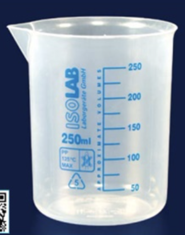 Beaker de plástico P.P, de 250ml con escala azul.